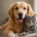 Golden retriever and grey tabby cat lying close together indoors