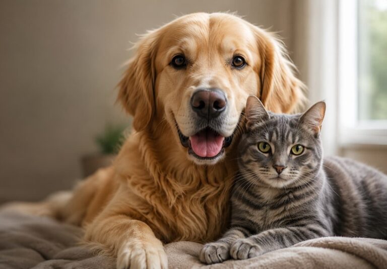 Golden retriever and grey tabby cat lying close together indoors