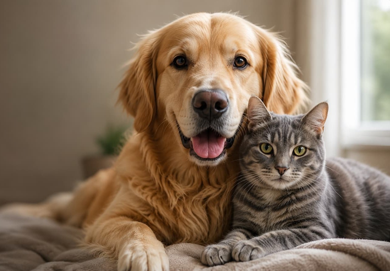 Golden retriever and grey tabby cat lying close together indoors
